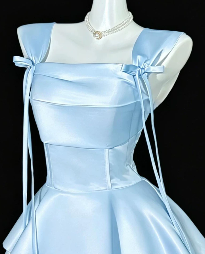 Vintage Light Blue Satin Square Neck Bow Tiered Ruffle A-Line Homecoming Dress DP8751