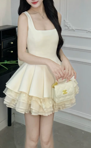 Vinatge Cream Square Neck Layered Lace A-Line Homecoming Dress DP8753