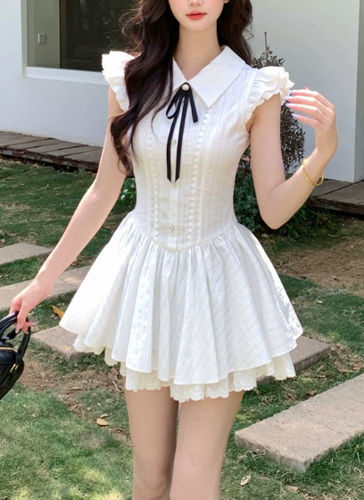 Cute White Collar Ruffle Cap Sleeve Bow Lace A-Line Homecoming Dress DP8757