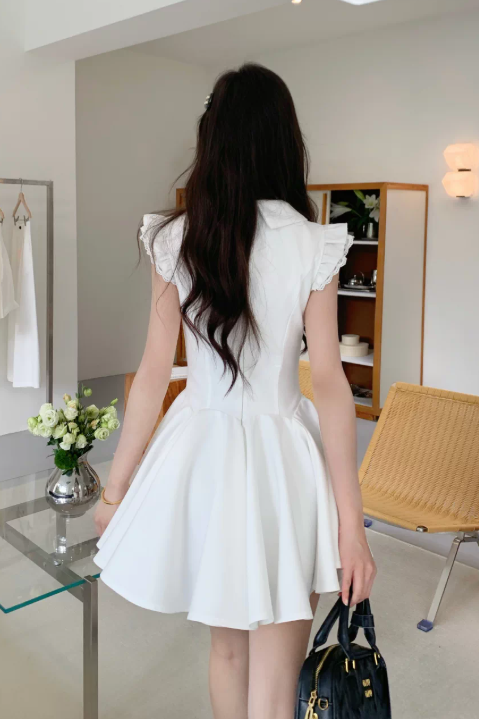 Cute White Collar Black Bow Short Sleeve Gold Button A-Line Homecoming Dress DP8760
