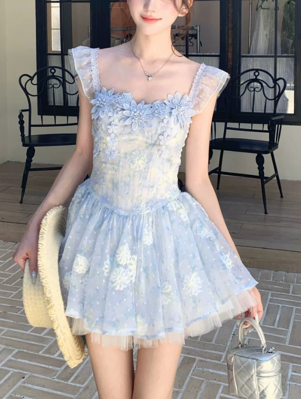 Cute Light Blue 3D Floral Tulle Ruffle Strap A-Line Homecoming Dress DP8765