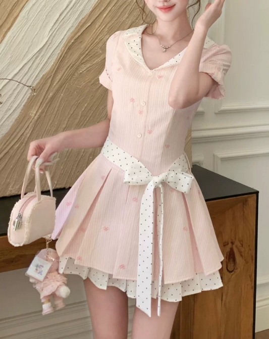 Cute Pink Striped Pleated Polka Dot Bow A-Line Homecoming Dress DP8768
