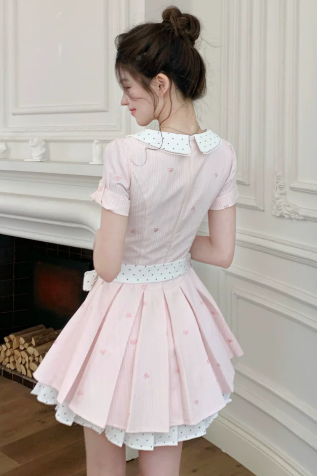 Cute Pink Striped Pleated Polka Dot Bow A-Line Homecoming Dress DP8768