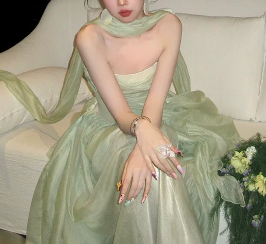 Elegant Sage Green Strapless Long Flowing Scarf Draped Tulle A-Line Prom Dress DP8780