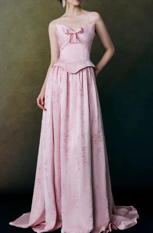 Elegant Pink Jacquard Strapless Bow A-Line Train Prom Dress DP8792