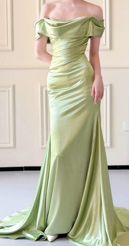Elegant Sage Green Satin Off-the-Shoulder Mermaid Prom Dress DP8793