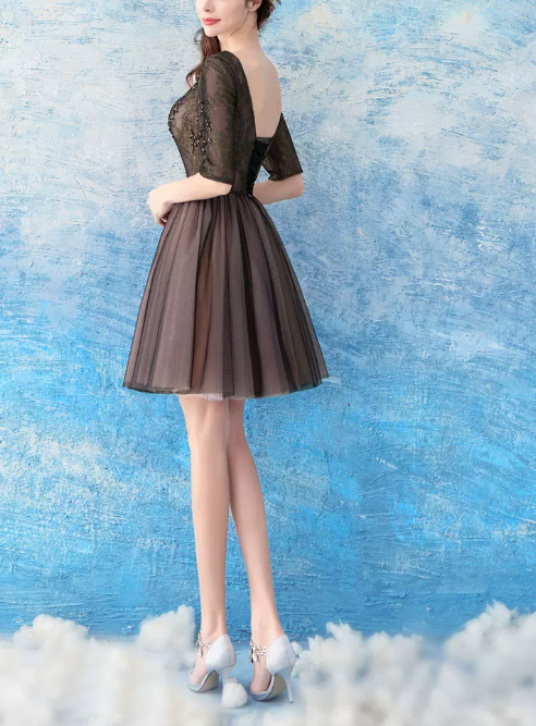 Romantic Bromwn V-Neck 3/4 Sleeve Beaded Tulle A-Line Homecoming Dress DP8801