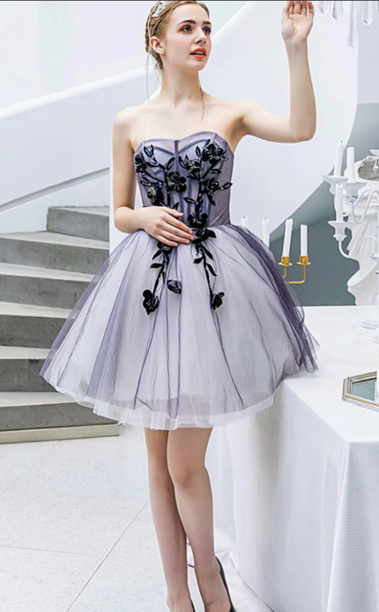 Romantic Strapless Short Floral Applique Tulle A-Line Homecoming Dress DP8803