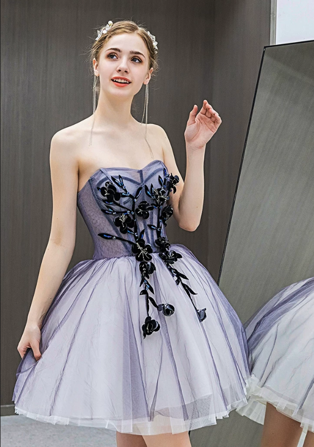 Romantic Strapless Short Floral Applique Tulle A-Line Homecoming Dress DP8803