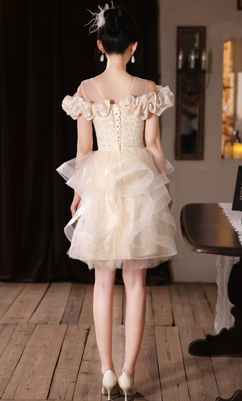 Vintage Champagne Off‑the-Shoulder Ruffled Neck Tulle Tiered A-Line Homecoming Dress DP8838