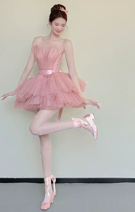 Elegant Pink Strapless Glitter Tulle Tiered A-Line Homecoming Dress DP8843