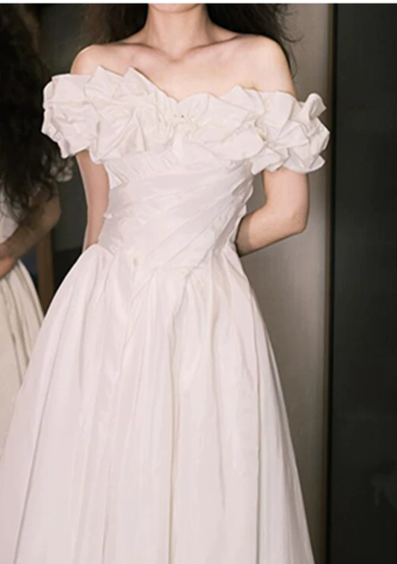 Romantic Ivory Off‑the‑Shoulder Ruffled Taffeta A‑Line Wedding Dress DP8850