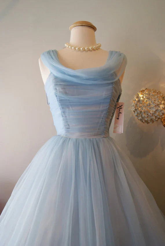 Retro Hellblaues Tüll-Design A-Linie Chiffon Partykleid Homecoming-Kleid Ballkleid Brautjungfernkleid DP6161