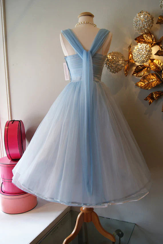 Retro Hellblaues Tüll-Design A-Linie Chiffon Partykleid Homecoming-Kleid Ballkleid Brautjungfernkleid DP6161