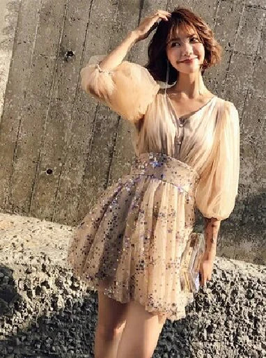 Chic Shiny Champagne Sequin Homecoming Dress V-neck Party Dress Short A-Line Cocktail Dress, DP6620