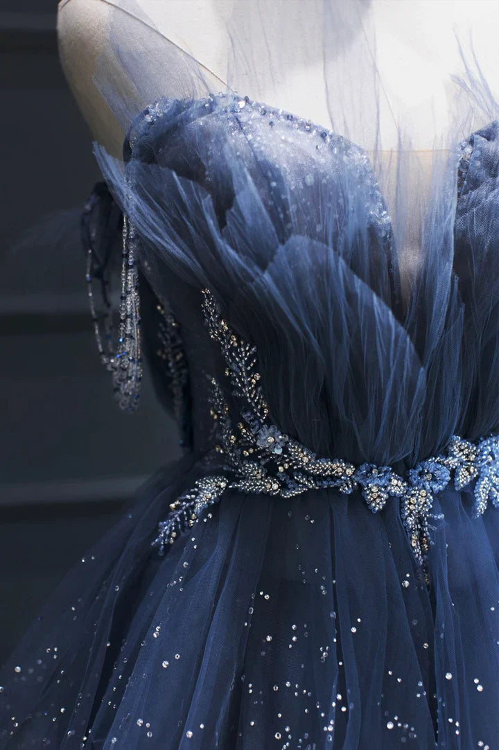 Vintage Blue Beaded Design Elegant A-Line Chiffon Tulle Evening Dress Prom Dress DP6139