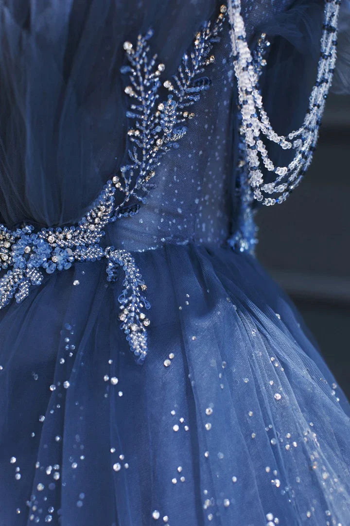 Vintage Blue Beaded Design Elegant A-Line Chiffon Tulle Evening Dress Prom Dress DP6139