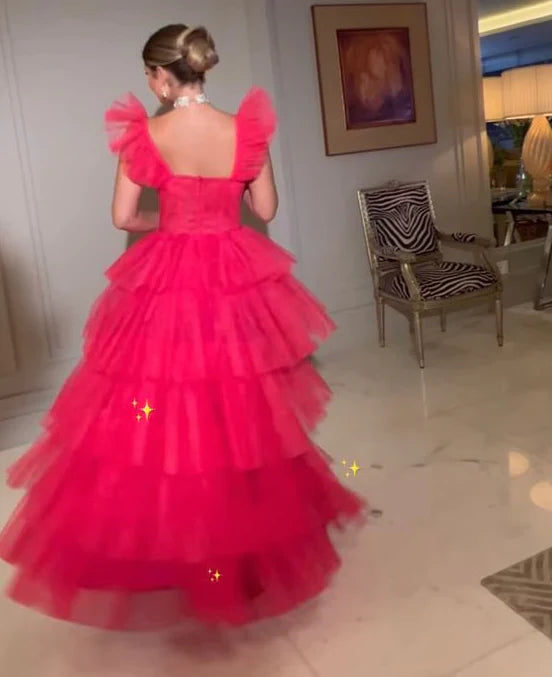 Vintage Hot Pink A-Line Prom Dress Long Sweetheart Evening Dress Chiffon Tiered Formal Dress, DP6587