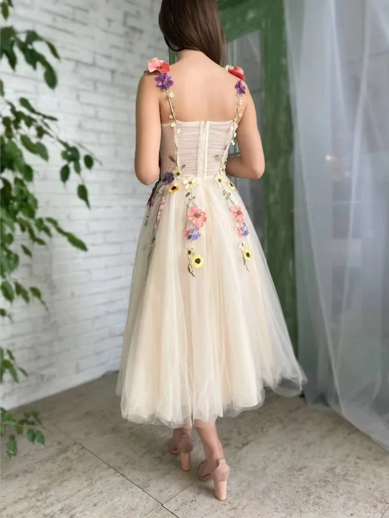 Vintage Floral Applique Prom Dress Long A-Line Evening Dress Chiffon Formal Dress, DP6593