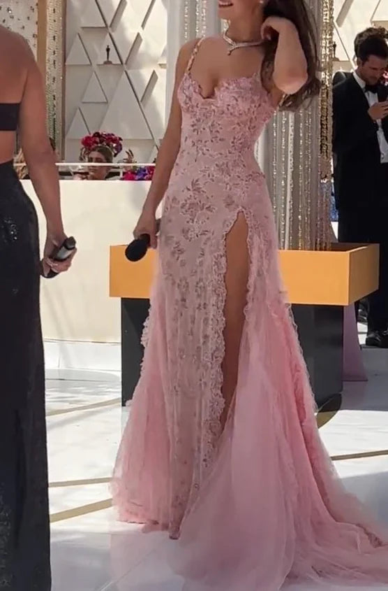 Vintage Pink Lace Sweetheart Prom Dress Long Evening Dress A-Line High Slit Formal Dress, DP6577