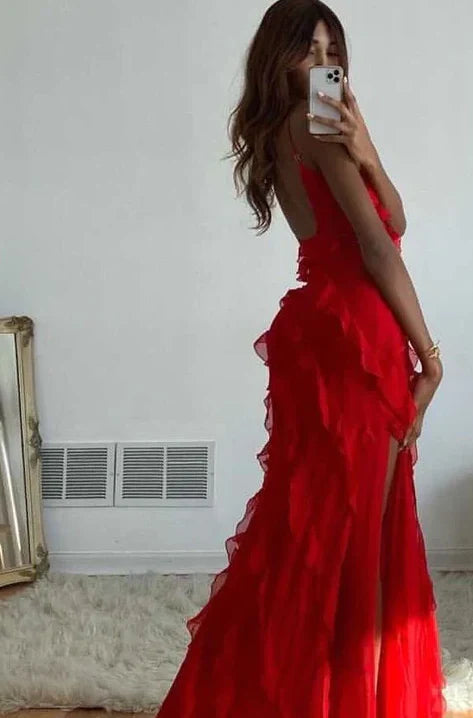 Vintage Red Sheath Prom Dress Long Ruffles Evening Dress Spaghetti Strap Formal Dress, DP6580