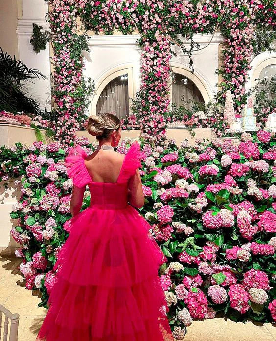 Vintage Hot Pink A-Line Prom Dress Long Sweetheart Evening Dress Chiffon Tiered Formal Dress, DP6587