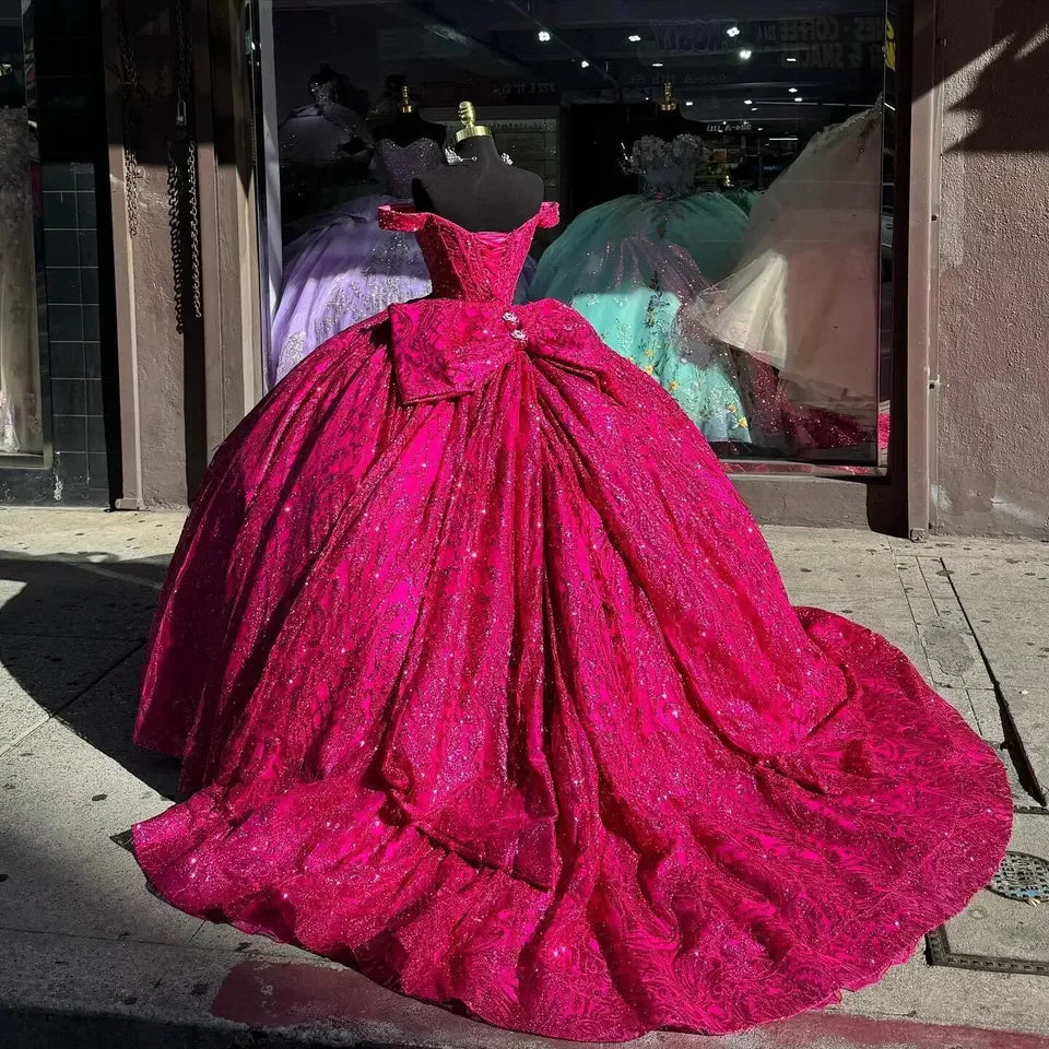 Elegantes, schulterfreies A-Linien-Tüllkleid mit Pailletten in Pink für Sweet 16 Quinceanera, bodenlang, Ballkleid, Geburtstagskleid, Abendkleid, Ballkleid DP6505