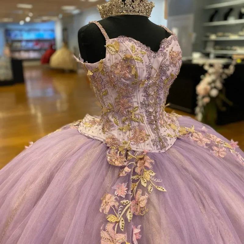 Elegant Applique Beaded Spaghetti Strap Sweet 16 Quinceanera A-Line Tulle Floor-length Prom Dress Birthday Dress Evening Dress Ball Gown DP6504
