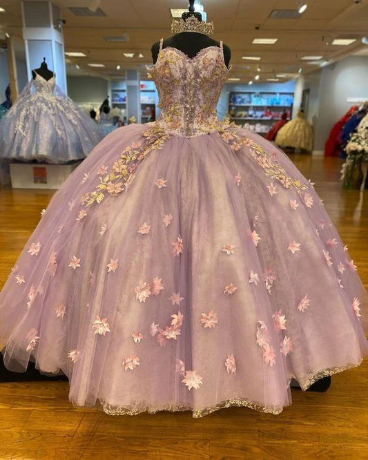 Elegant Applique Beaded Spaghetti Strap Sweet 16 Quinceanera A-Line Tulle Floor-length Prom Dress Birthday Dress Evening Dress Ball Gown DP6504