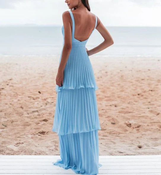 Vintage Blue Sweetheart Pleated A-Line Tiered Long Prom Dress Party Dress Evening Dress DP6462