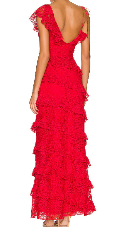 Vintage Red V-neck Long Prom Dress Sheath Tiered High Slit Formal Dress, DP6561