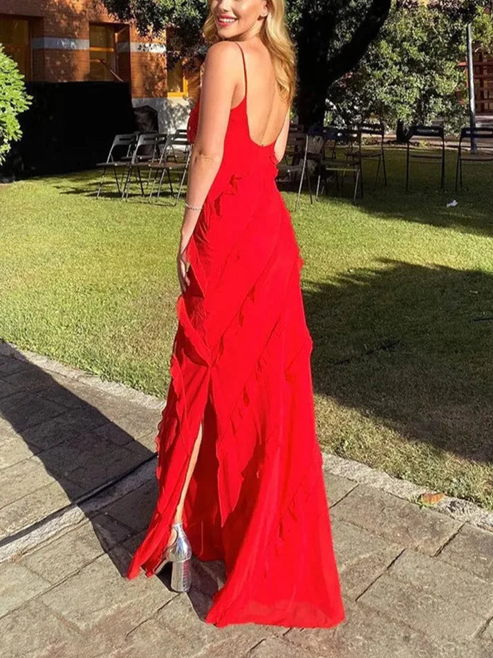 Vintage Red Sheath Prom Dress Long Ruffles Evening Dress Spaghetti Strap Formal Dress, DP6580