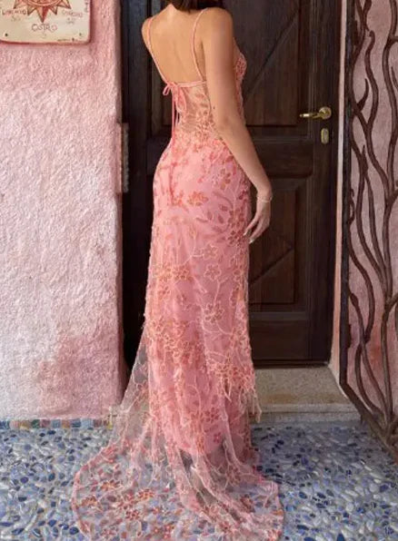 Vintage Pink Lace Sheath Prom Dress Long Evening Dress Spaghetti Strap Formal Dress, DP6583