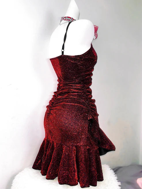Robe de soirée rétro bordeaux pailletée à bretelles spaghetti pour 18e anniversaire, robe de bal DP6038