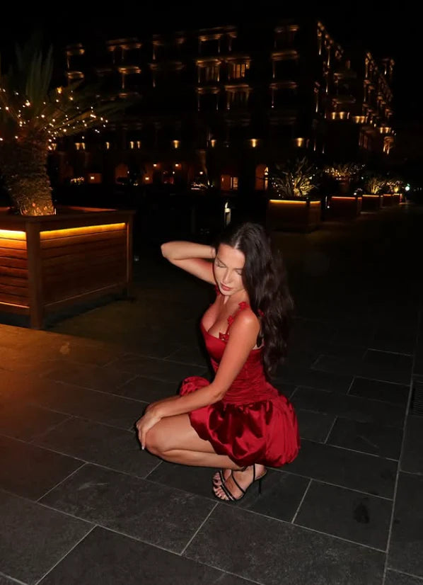 Vintage Burgundy Satin Spaghetti Strap Short A-Line Party Dress Cocktail Dress Homecoming Dress DP6489