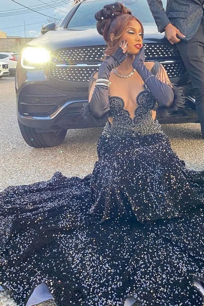 Schwarzes langes Ballkleid mit Pailletten und Perlen im Meerjungfrau-Stil für schwarze Mädchen, DP2656