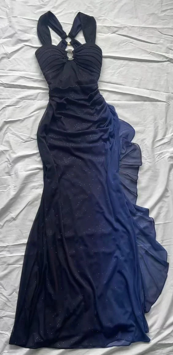 Dark Blue Ombre Straps Shiny Chiffon Vintage Long Prom Dress, DP2120