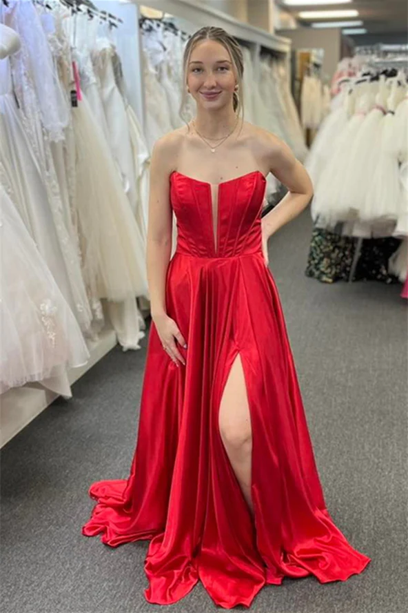 Rotes Satin-Ballkleid mit trägerlosem A-Linien-Schleife und Schlitz, DP09