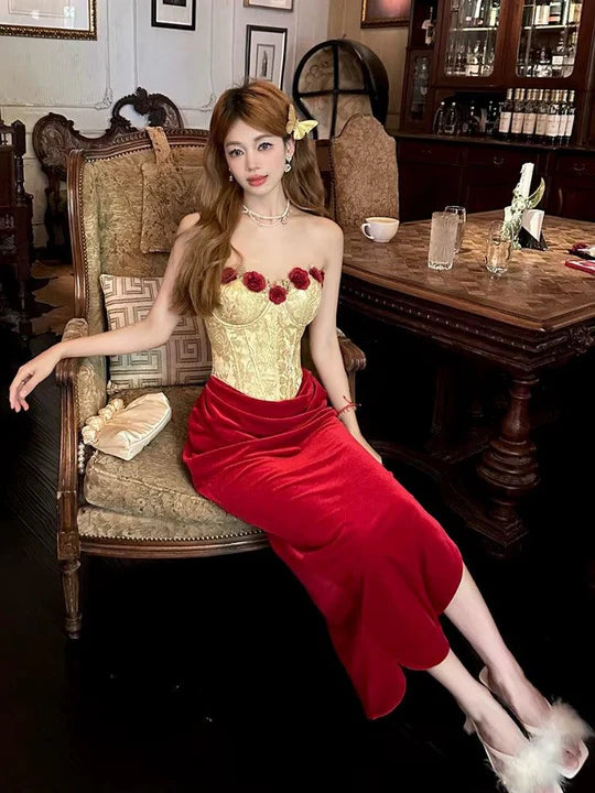Vintage 3D Rose Sweetheart Ballkleid Roter Samt Etui Abendkleid Langes Abendkleid DP6649