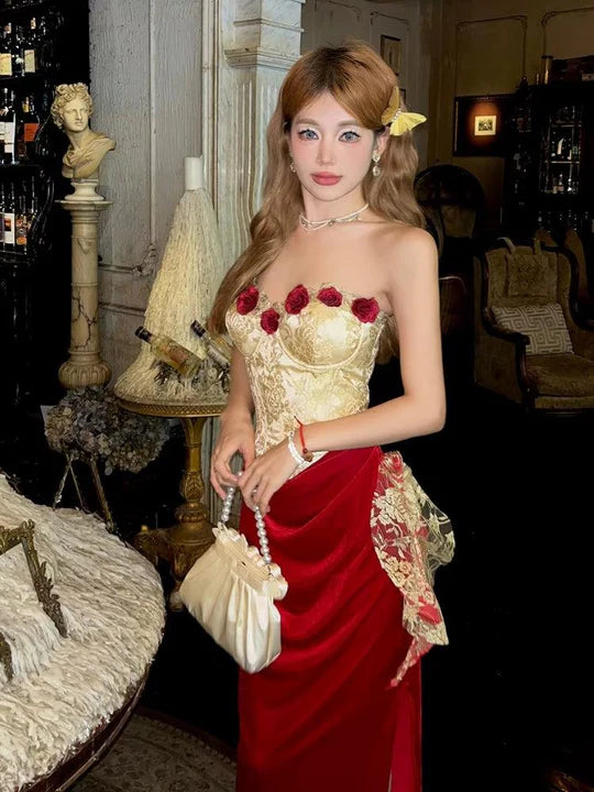 Vintage 3D Rose Sweetheart Ballkleid Roter Samt Etui Abendkleid Langes Abendkleid DP6649
