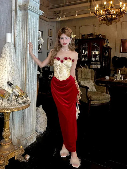 Vintage 3D Rose Sweetheart Prom Dress Red Velvet Sheath Evening Dress Long Formal Dress DP6649