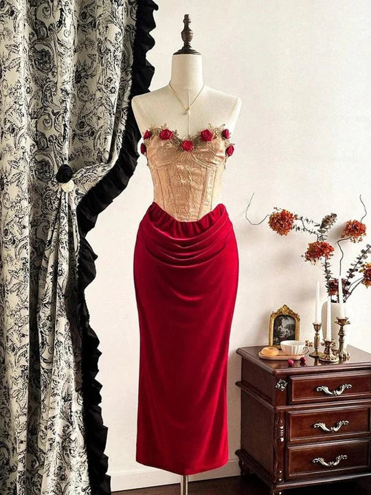 Vintage 3D Rose Sweetheart Ballkleid Roter Samt Etui Abendkleid Langes Abendkleid DP6649