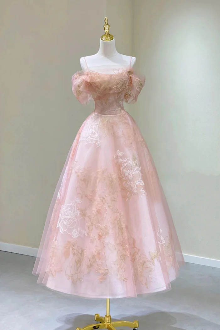Robe de bal longue trapèze en tulle rose et dentelle, épaules dénudées, robe d'anniversaire, DP3183