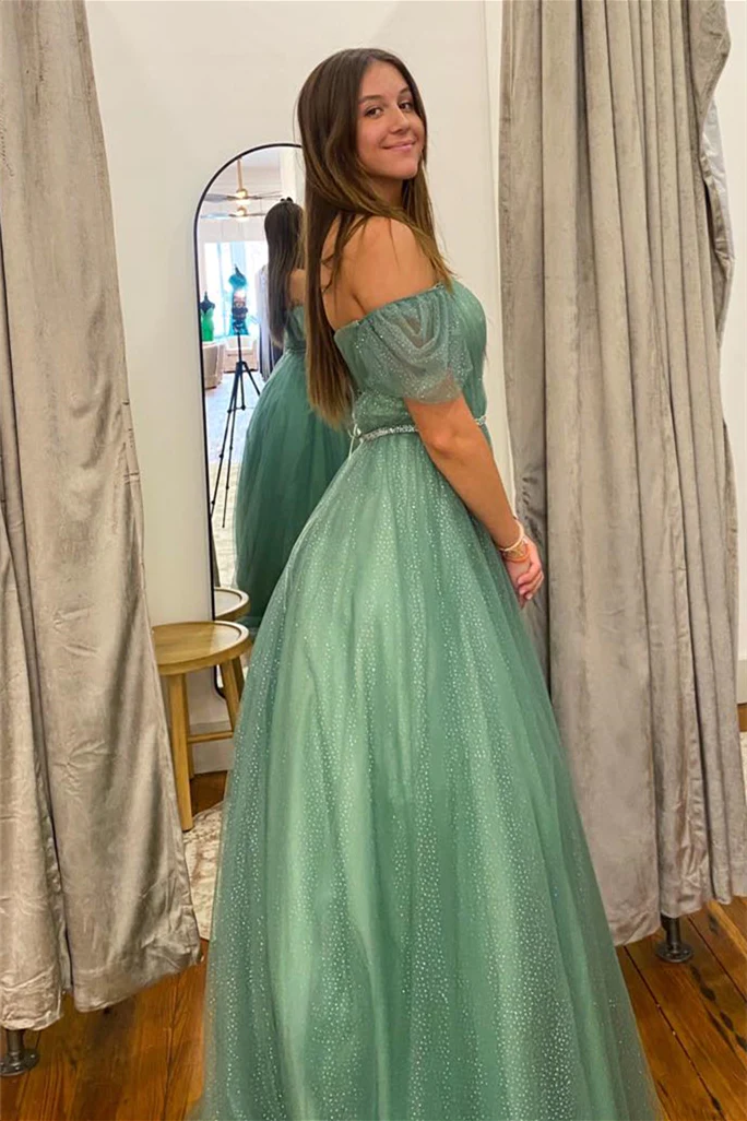 Seeglas-Tüll A-Linie V-Ausschnitt Off-Shoulder Langes Ballkleid,DP042