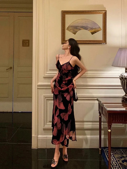 Robe de soirée fourreau en mousseline de soie, élégante, vintage, bretelles spaghetti, col en V, motif floral et papillon, DP6125