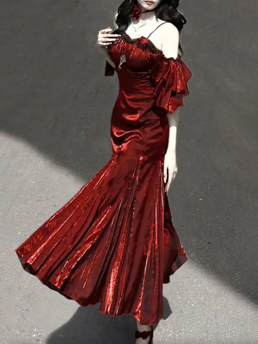 Vintage Burgundy Spaghetti Strap Mermaid Design Elegant Satin Evening Dress Prom Dress DP6107