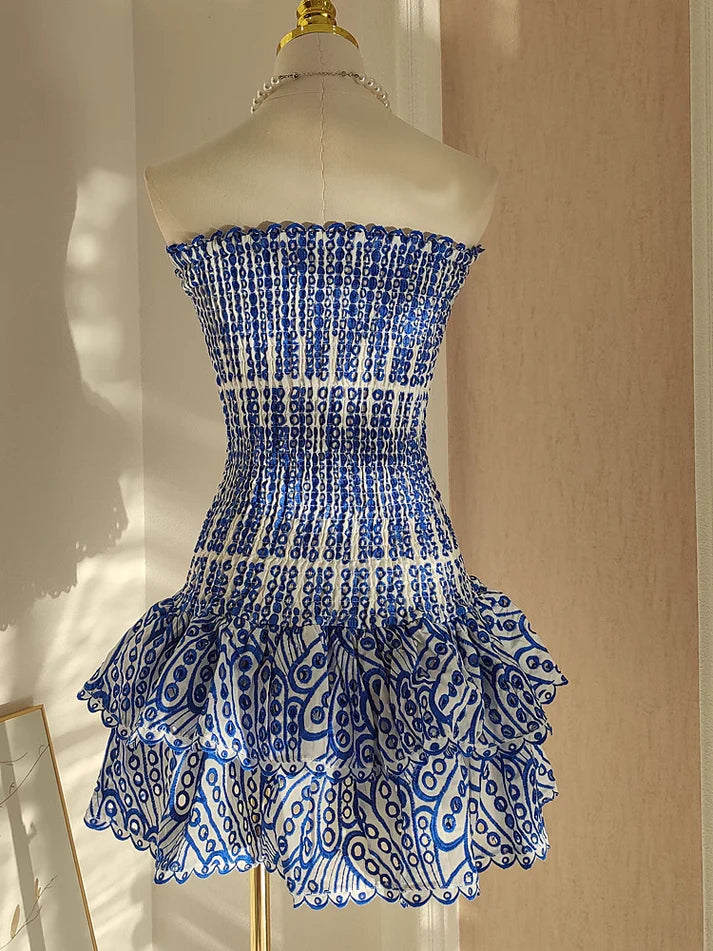 Robe de soirée mini bustier à motif bleu foncé vintage DP6035