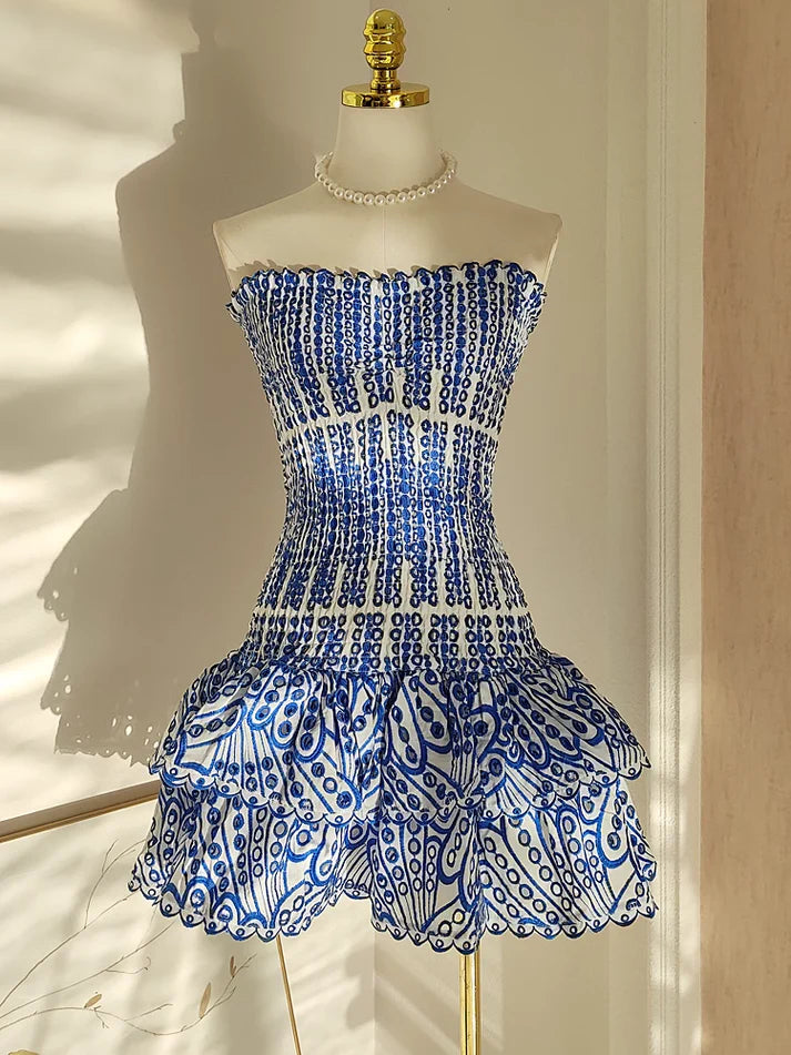 Robe de soirée mini bustier à motif bleu foncé vintage DP6035