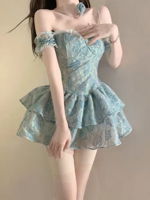 Robe de soirée rétro bleu clair à bretelles spaghetti et motif floral, coupe trapèze, mini, à volants, pour 16e anniversaire, DP6031