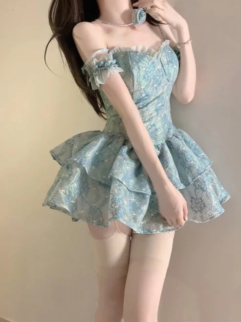 Robe de soirée rétro bleu clair à bretelles spaghetti et motif floral, coupe trapèze, mini, à volants, pour 16e anniversaire, DP6031